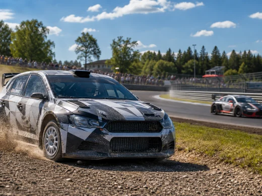 Rallybil och racingbil under körning på en motorsportdag