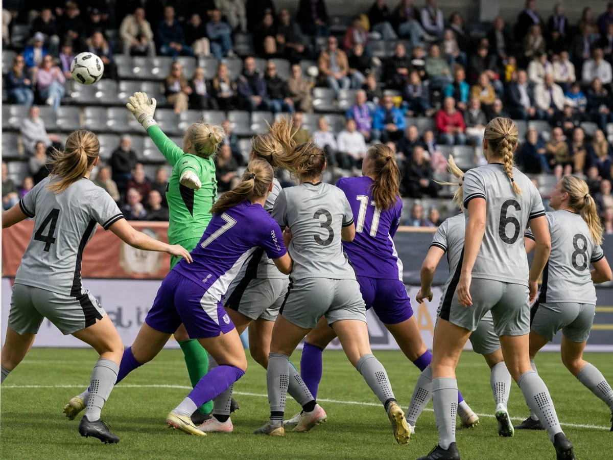 Illustration av en målvakt som sträcker sig efter bollen under en damfotbollsmatch