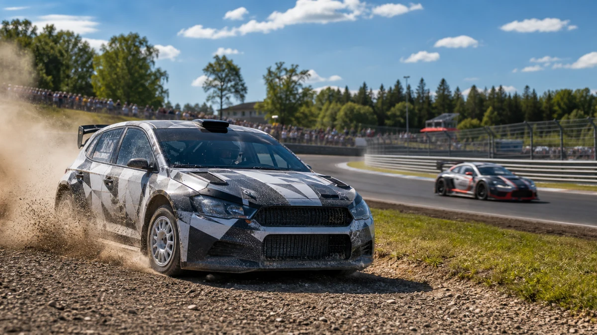 Rallybil och racingbil under körning på en motorsportdag