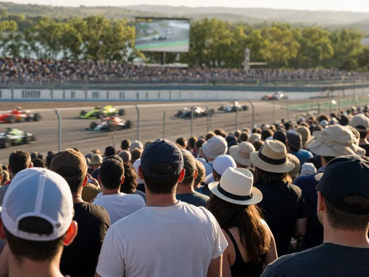 Publik på läktaren följer ett motorsportlopp medan bilarna passerar på banan