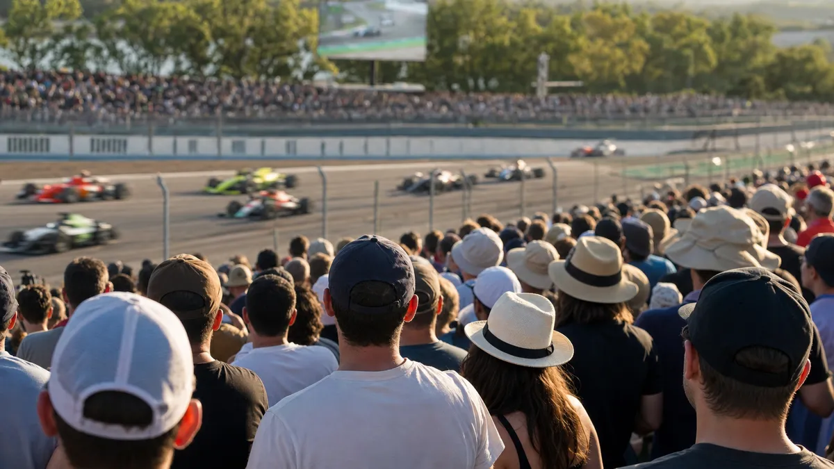 Publik på läktaren följer ett motorsportlopp medan bilarna passerar på banan
