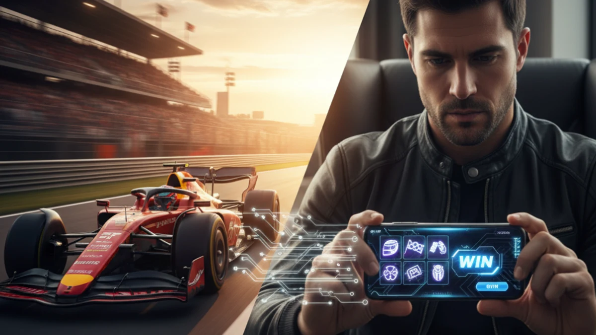 Montage med Formel 1-bil på banan och man i racingfåtölj som spelar i mobilen