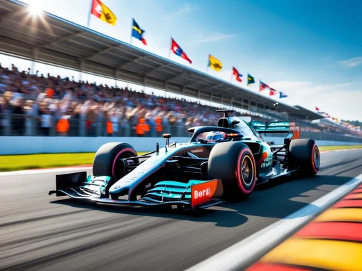 Formel 1-bil på banan framför fullsatt läktare med flaggor