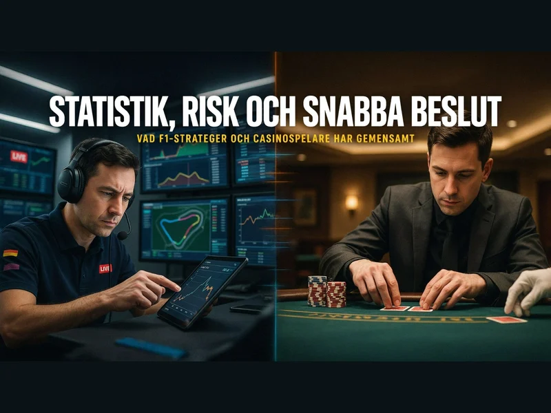 Illustration av en F1-strateg vid dataskärmar och en spelare vid ett casinobord