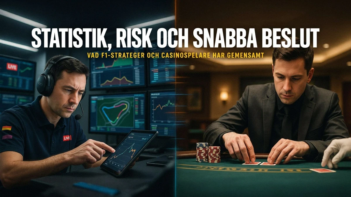 Illustration av en F1-strateg vid dataskärmar och en spelare vid ett casinobord