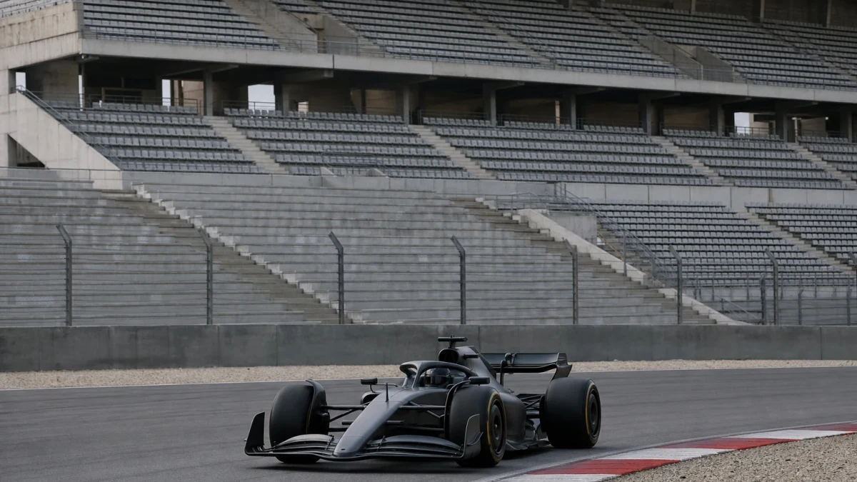 Formelbil på en bana med tomma läktare som illustrerar covidsäsongen F1 2020
