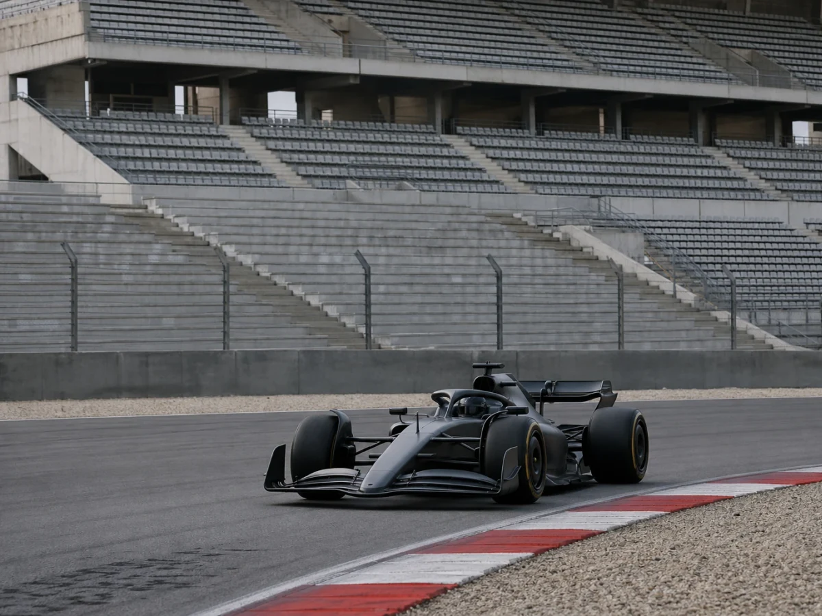 Formelbil på en bana med tomma läktare som illustrerar covidsäsongen F1 2020