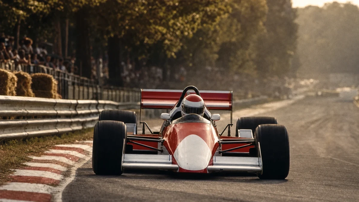 En röd och vit Formel 1-bil från slutet av 1980-talet på banan.