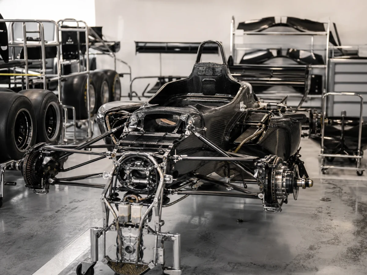 F1-bil i depåmiljö som illustrerar kostnaden för en Formel 1-bil