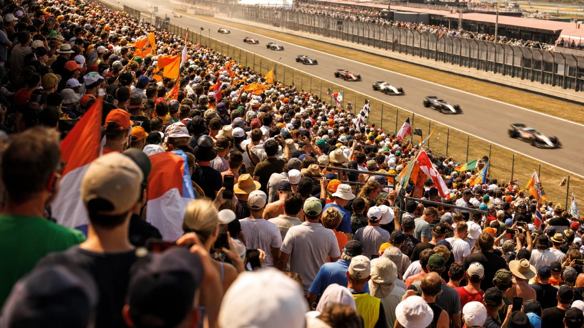Fullsatt läktare vid en Formel 1-bana under en racehelg