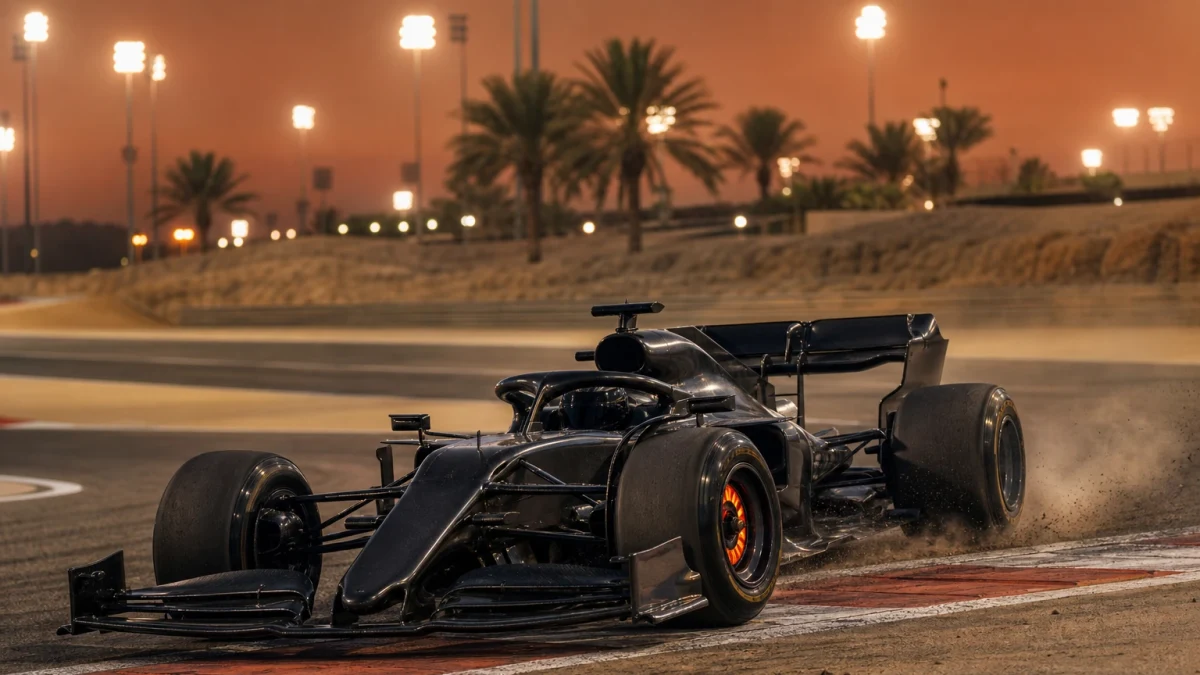 F1-bil under Bahrains Grand Prix på den strålkastarbelysta banan i Sakhir