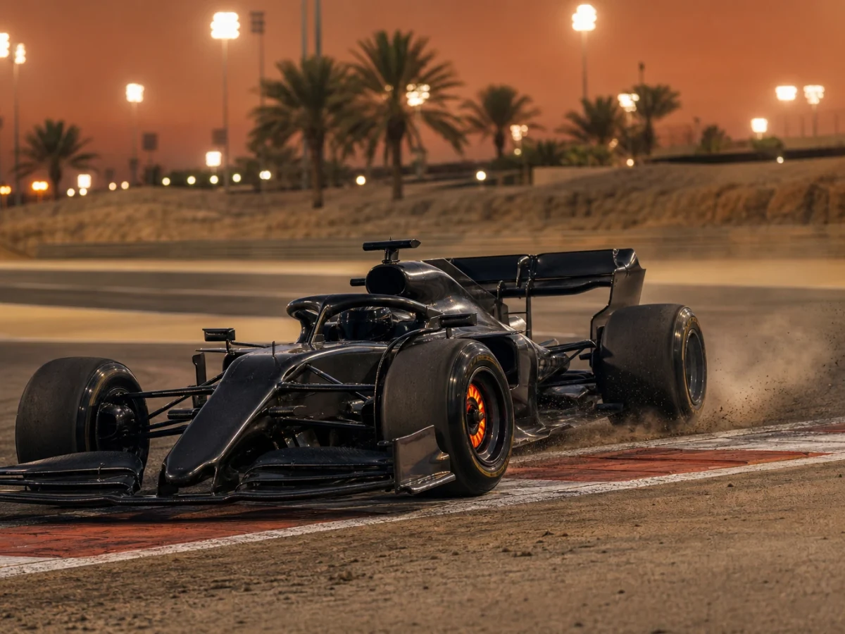 Illustration: f1-bil under Bahrains Grand Prix på den strålkastarbelysta banan i Sakhir