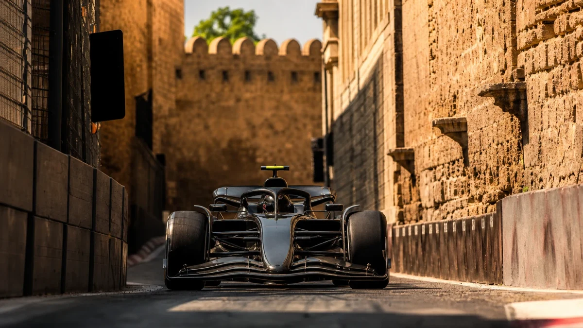 F1-bil på Baku City Circuit med stadsfasader och murar längs banan