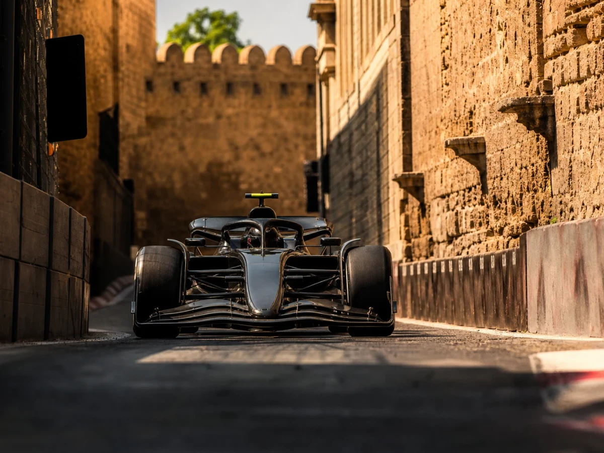 Illustration: f1-bil på Baku City Circuit med stadsfasader och murar längs banan