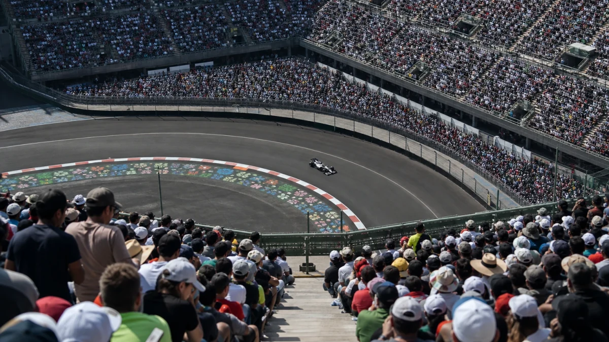 Formel 1-bil genom stadionsektionen på Autódromo Hermanos Rodríguez i Mexico City