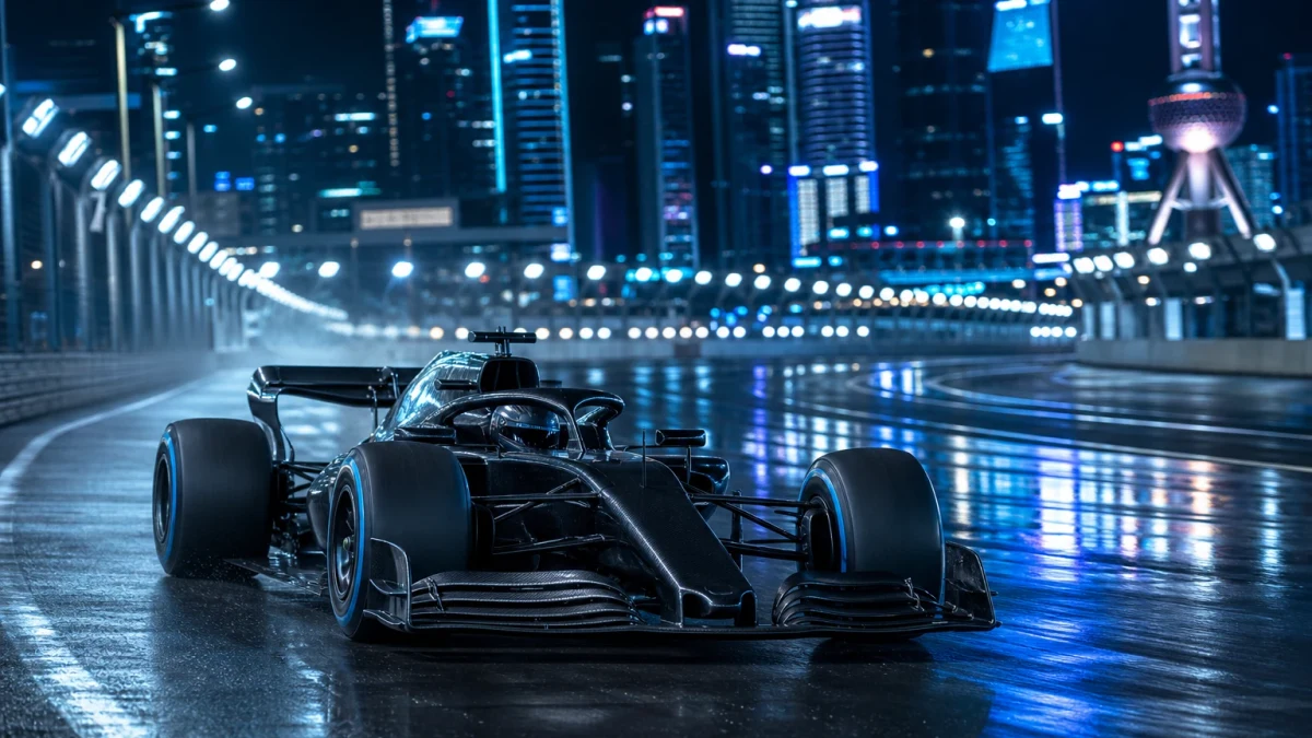 Formel 1-bil på det upplysta gatloppet runt Marina Bay i Singapore om natten