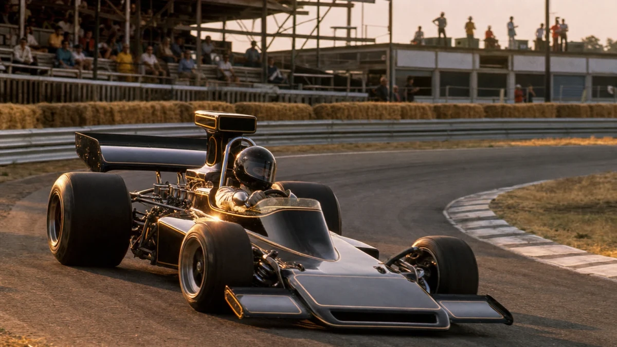 Svartguldig motorsportmiljö som illustrerar John Player Special-eran