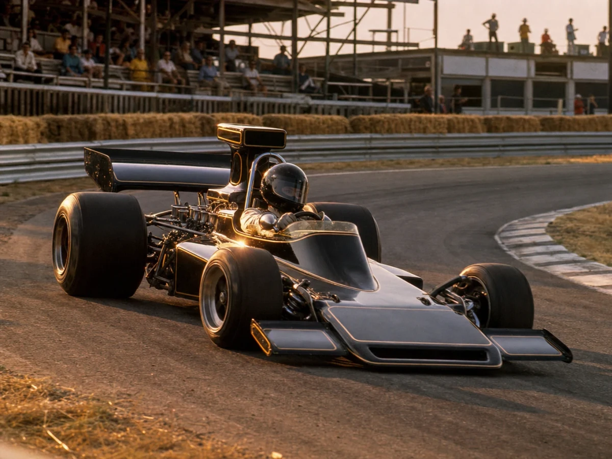 Illustration: svartguldig motorsportmiljö som illustrerar John Player Special-eran
