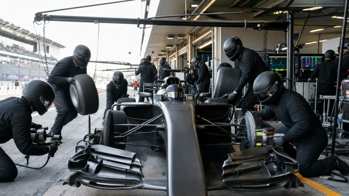 Depåteam byter däck på en F1-bil under ett pit stop