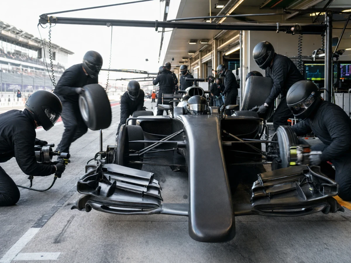 Depåteam byter däck på en F1-bil under ett pit stop