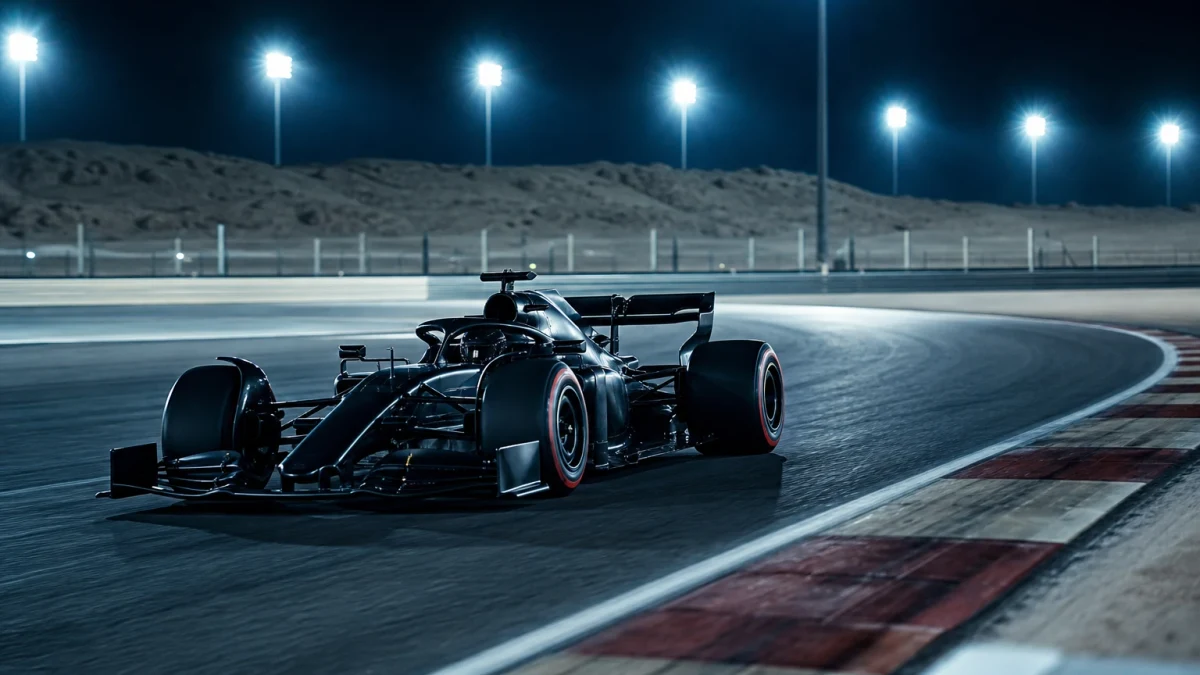 F1-bil på nattbelyst bana som illustrerar Qatars Grand Prix