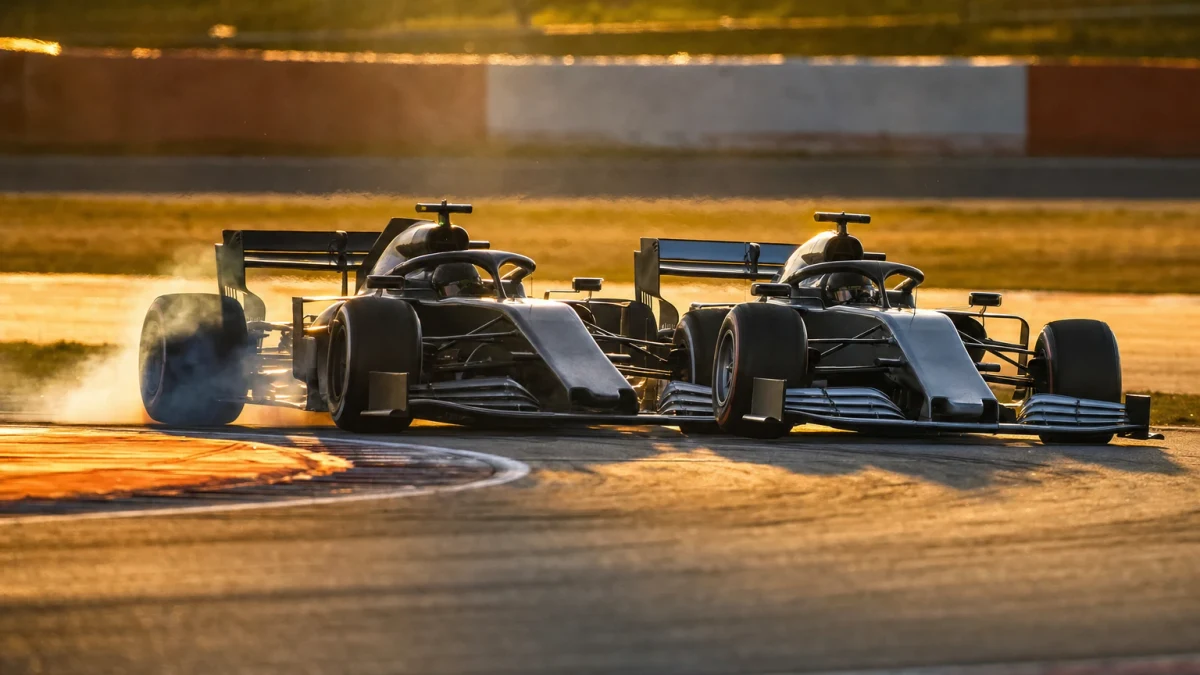 F1-bilar tätt samlade i starten av ett sprintlopp