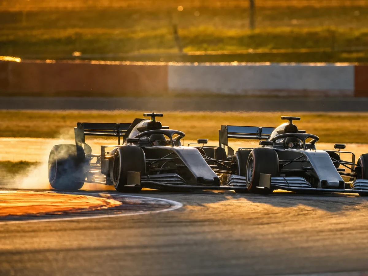 F1-bilar tätt samlade i starten av ett sprintlopp