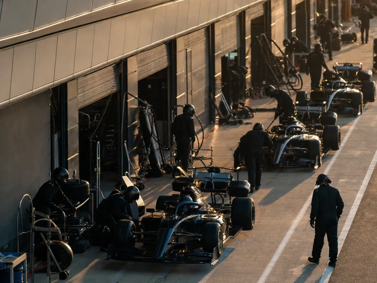 F1-mekaniker och bilar i depån under en racehelg