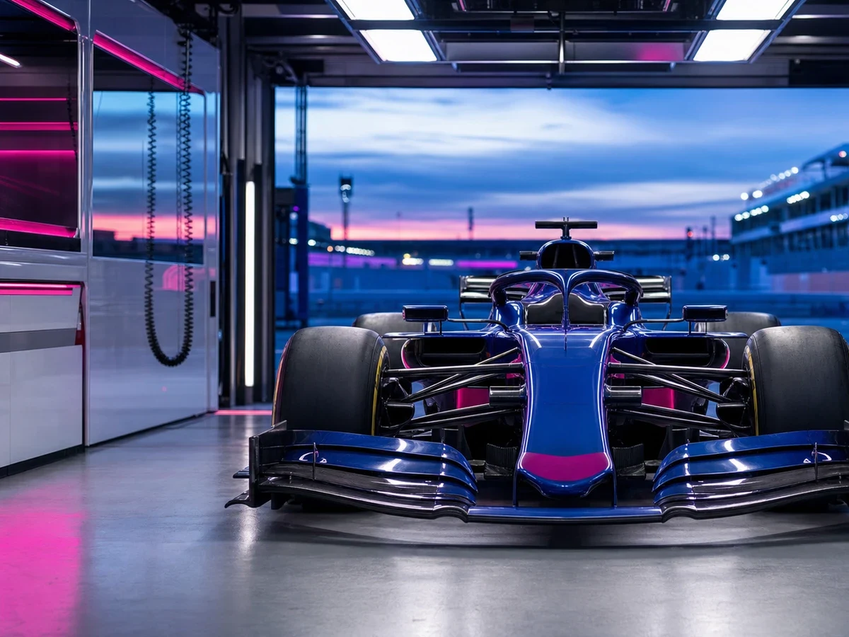 En F1-bil i blårosa färgställning under en träning