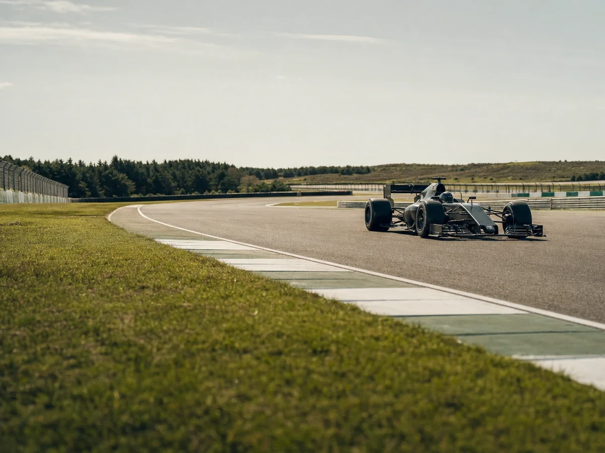 En F1-bil under en testkörning på en solig bana