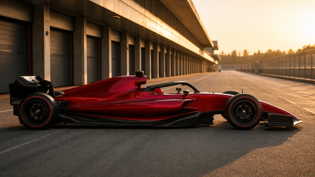 En röd F1-bil på väg ut ur depån inför en träning