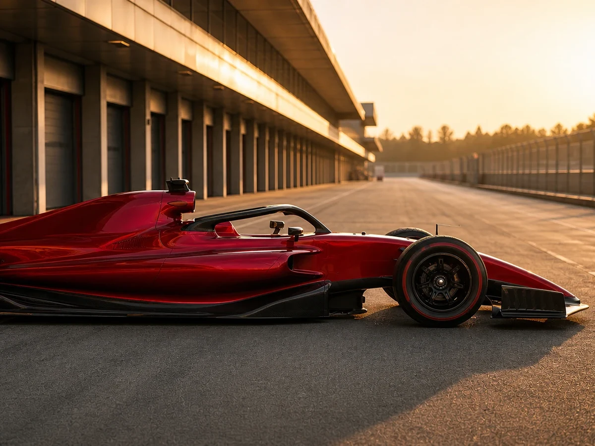 En röd F1-bil på väg ut ur depån inför en träning