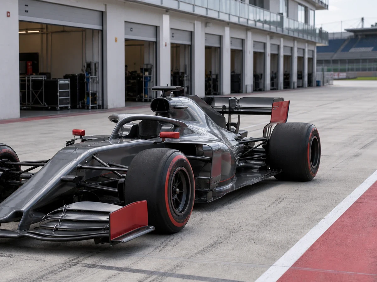 En F1-bil i depågränden inför en träningssession