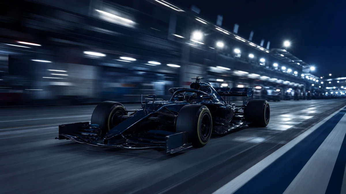 En F1-bil på banan under en träning i motljus