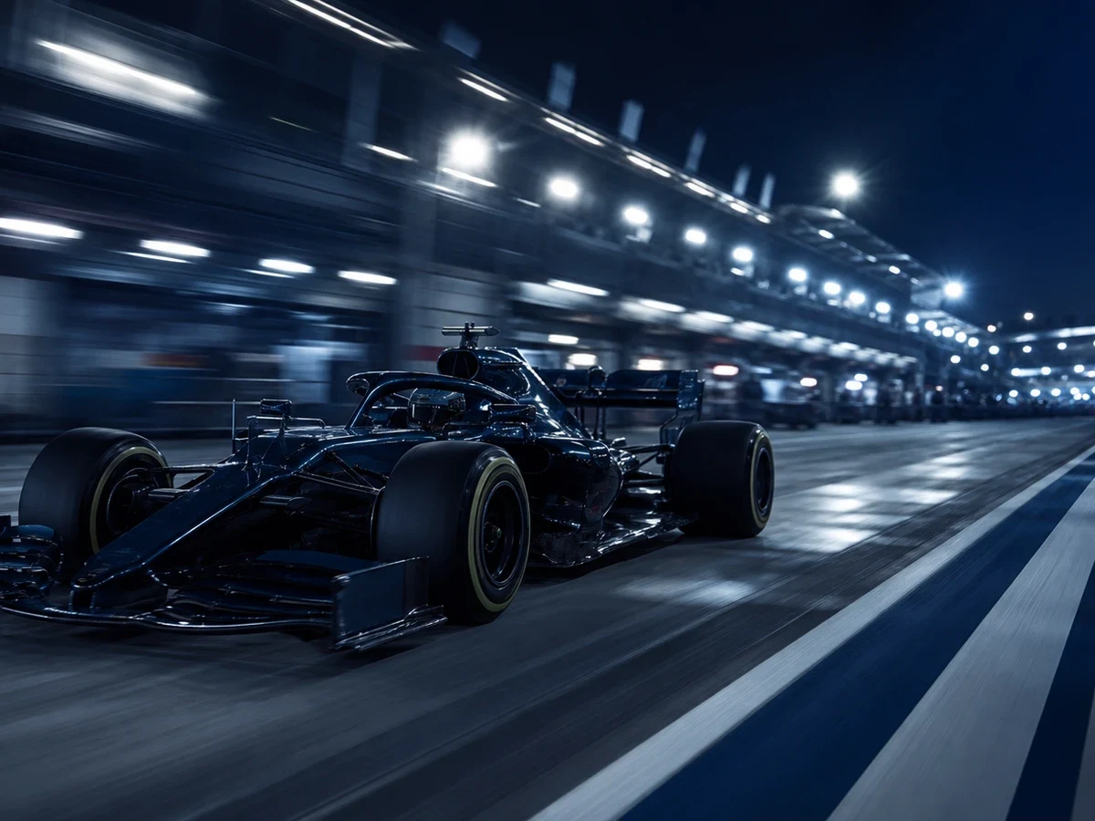 En F1-bil på banan under en träning i motljus
