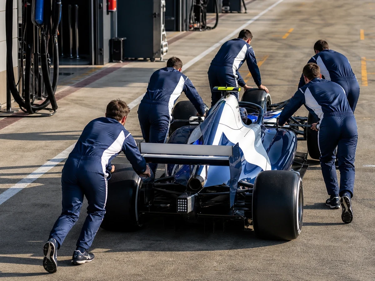 En blåfärgad F1-bil på banan under en träning
