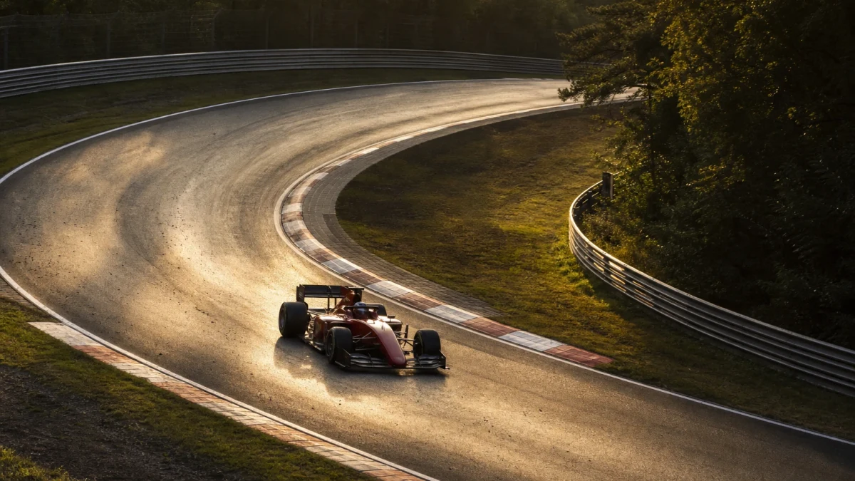 En formelbil i FIA Formel 2 på väg ut ur en depåbox under en tävlingshelg