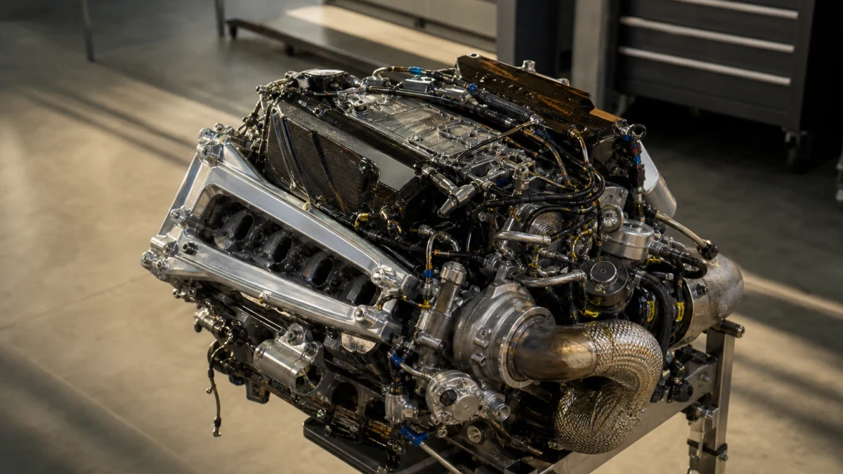 Racingmotor uppställd på en metallställning i en verkstad, med turbo, kablage och avgasrör i värmeisolerande flätning.