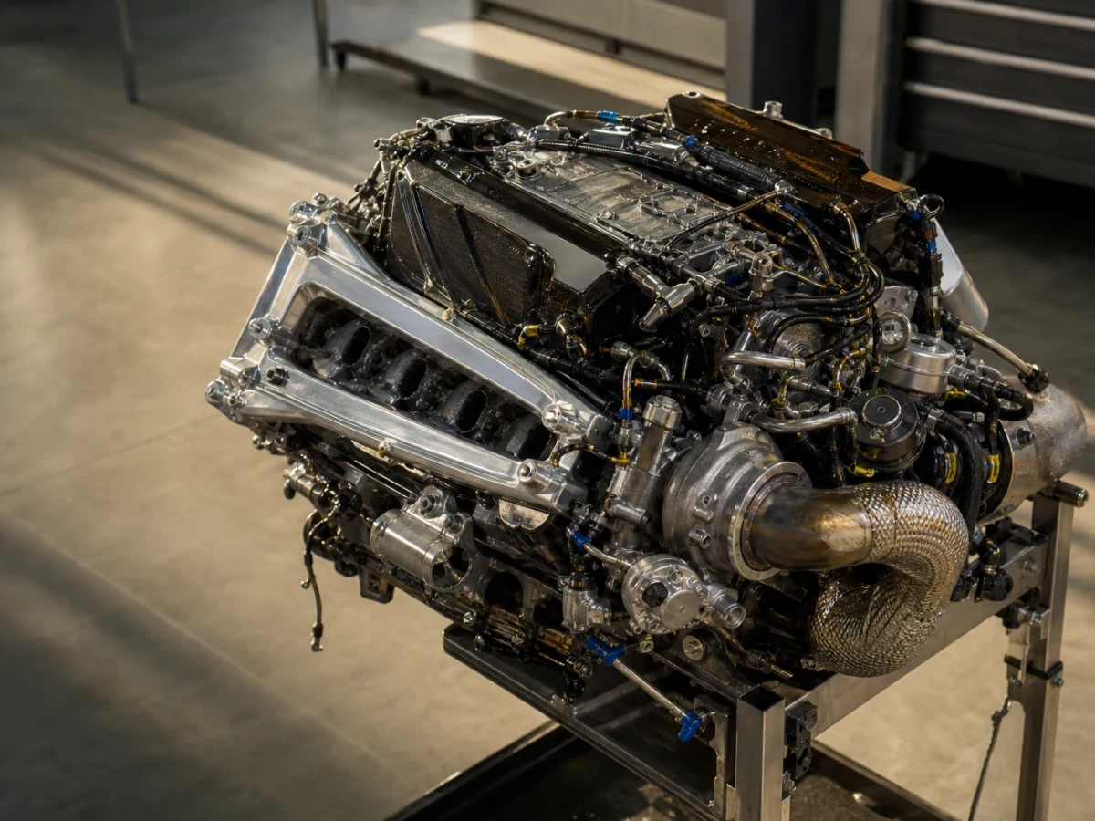 Racingmotor uppställd på en metallställning i en verkstad, med turbo, kablage och avgasrör i värmeisolerande flätning.
