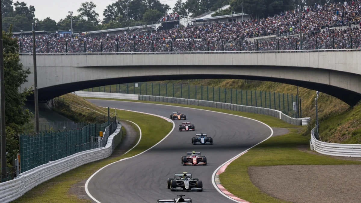 Formel 1-bilar genom en snabb kurva på en internationell racerbana
